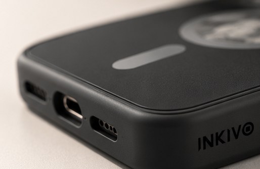 Bottom edge of the case, with the INKIVO wordmark beside the charge port