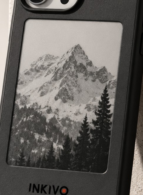Rectangular INKIVO e-ink panel showing a mountain landscape